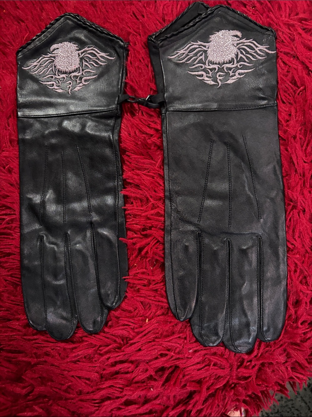 Black Embroidered Eagle Leather Driving Gloves - Men